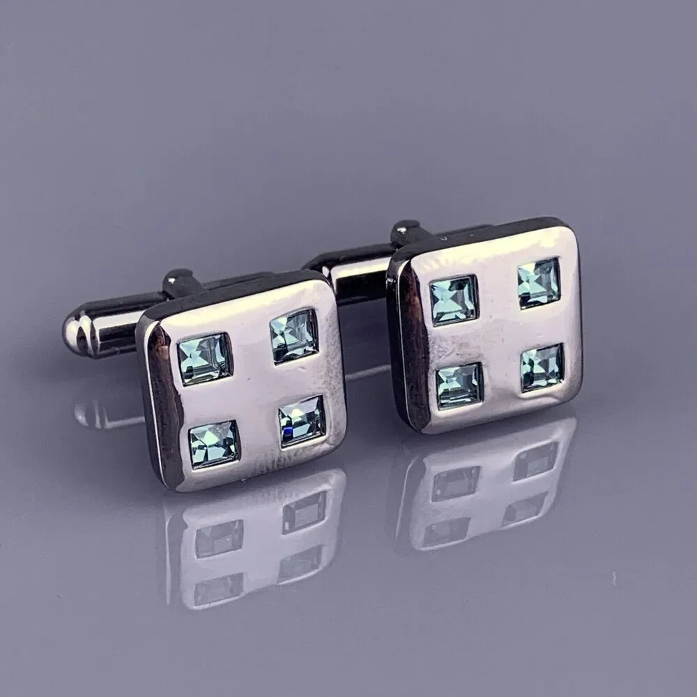 Teal Blue Swarovski Crystal Cufflinks Stainless Steel Small Square Vintage